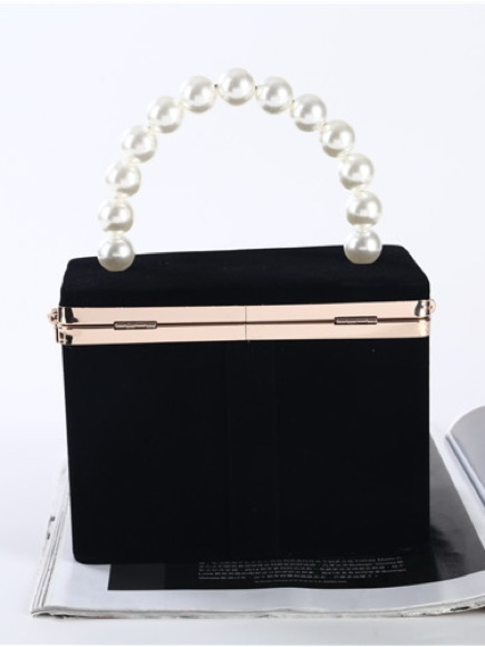 Black Pearl-Handle Box Clutch Handbag
